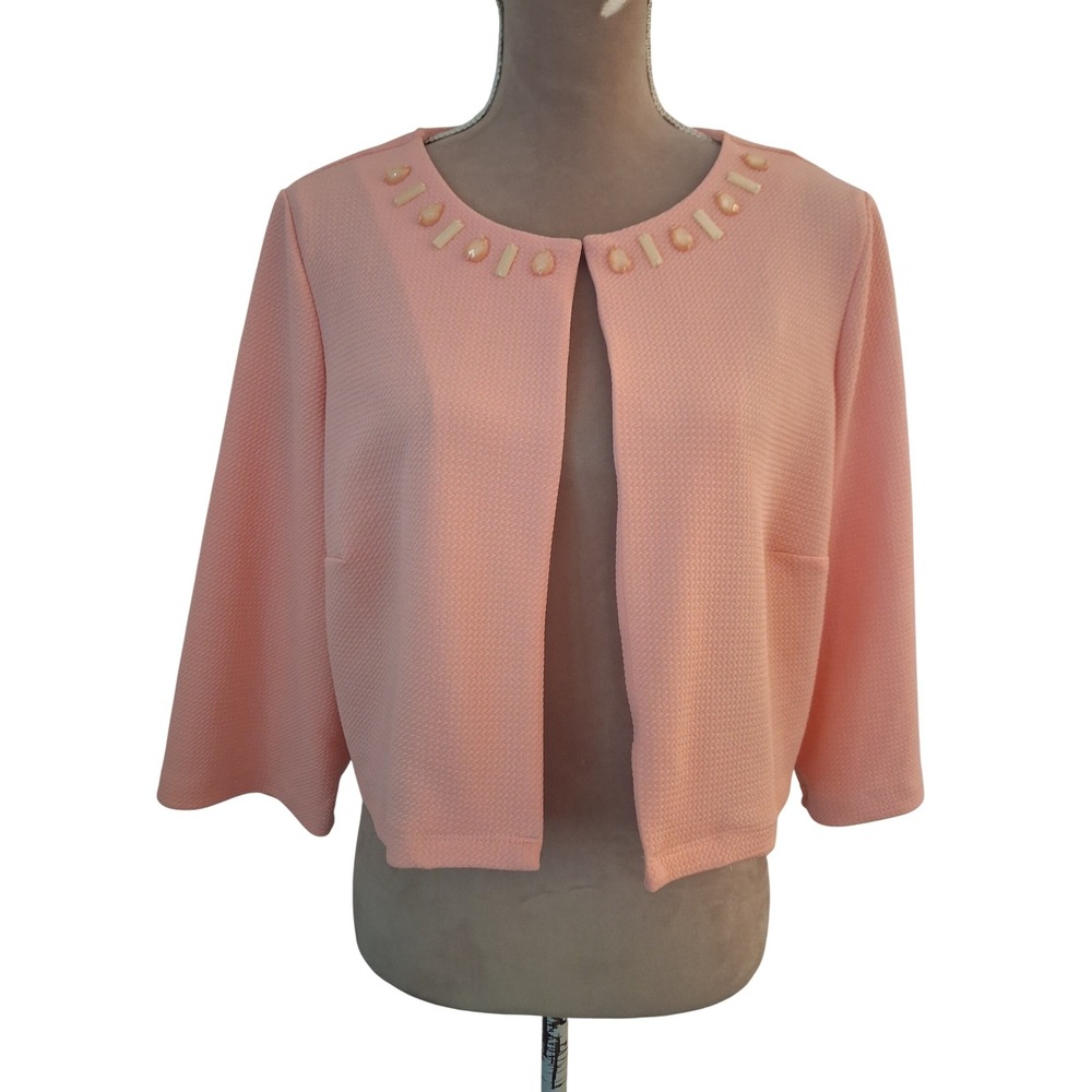Perceptions Woman Peach Pink Beaded Neckline Textured Cropped Jacket 1x